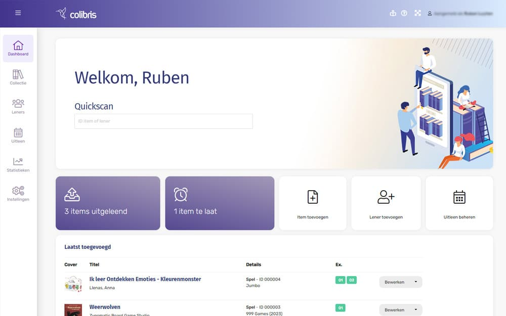 Het Colibris dashboard met quickscan, uitleenoverzicht en laatst toegevoegde items